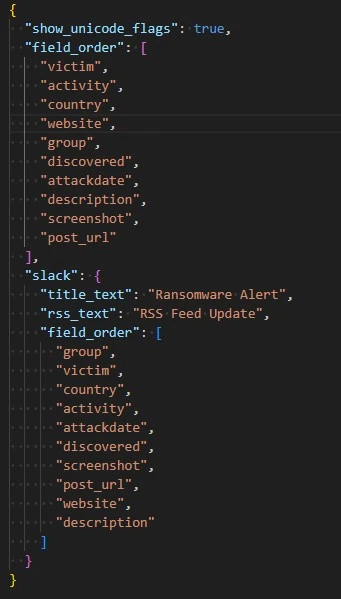 config_format.json showing message formatting options with field order configuration for Discord and Slack alert display