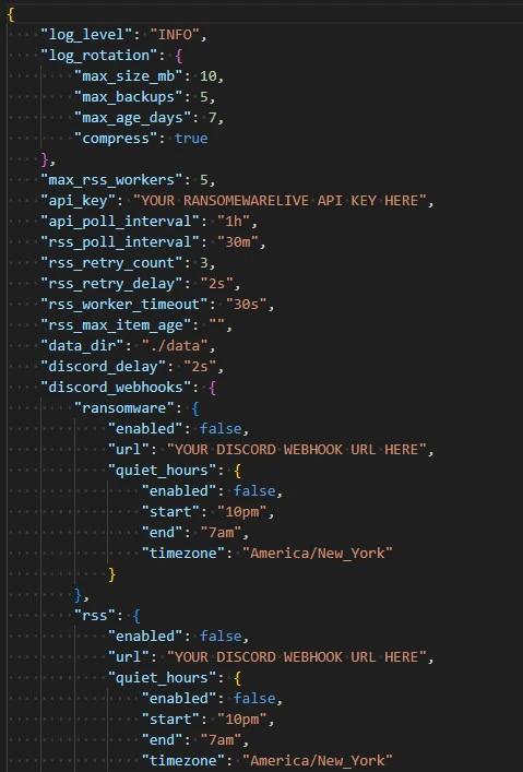 config_general.json showing API key, polling intervals, log rotation, and Discord/Slack webhook configuration