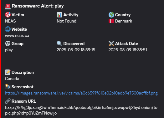 Discord channel showing Ransomware News Bot alerts with victim information, country flags, attack dates and group attribution