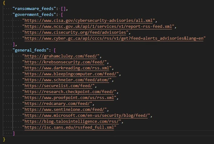 config_feeds.json showing RSS feed categories with government feeds, general cybersecurity feeds, and ransomware-specific feeds