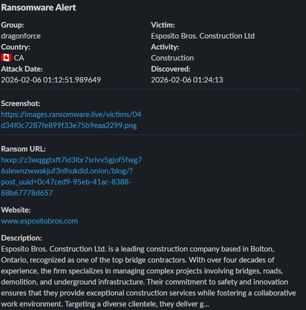 Slack channel showing Ransomware News Bot alerts with structured Block Kit message formatting
