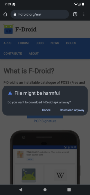 Android download confirmation dialog showing F-Droid APK file with option to download and install the alternative app store