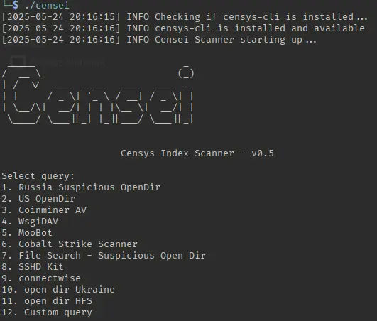 Censei command-line interface showing interactive menu with numbered options for different OSINT scanning modes and query types