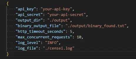JSON configuration file example showing Censei settings including concurrency limits, timeout values, and file filtering options