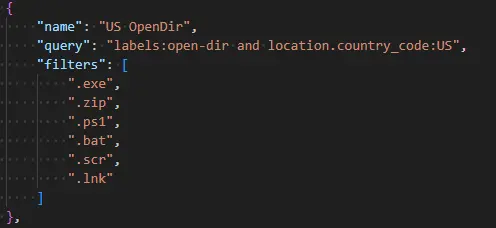 JSON queries configuration file showing predefined Censys search queries for different types of open directories and suspicious file patterns