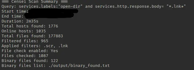 File explorer window showing Censei output files including raw.txt, filtered.txt, and binary_found.txt with file sizes and timestamps